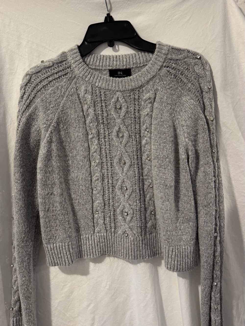 I.N San Francisco Gray Cable Knit Crewneck Sweater with Rhinestone Detail